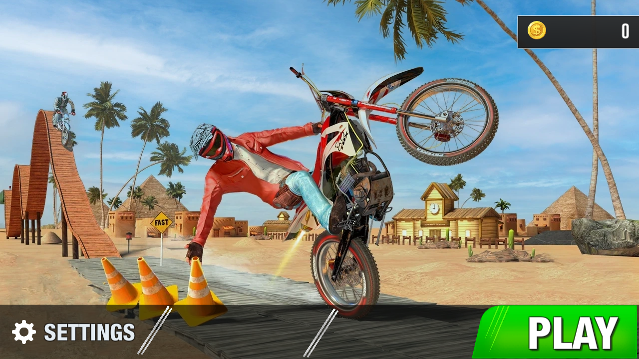 Hands-on capture of Motocross Racing: A 3D Stunt-Bike Course Through Ancient Egypt, Play-Tested (Main menu or character select)
