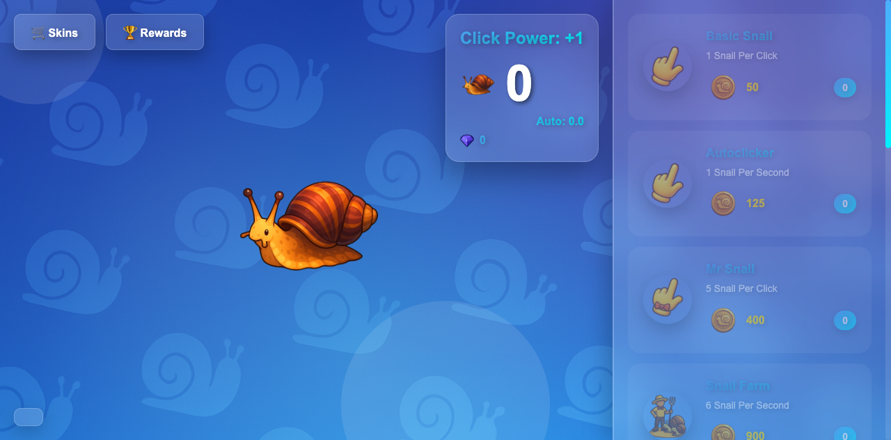 Hands-on capture of Snail Clicker: An Idle Clicking Game About Building a Snail Empire (Main menu or character select)