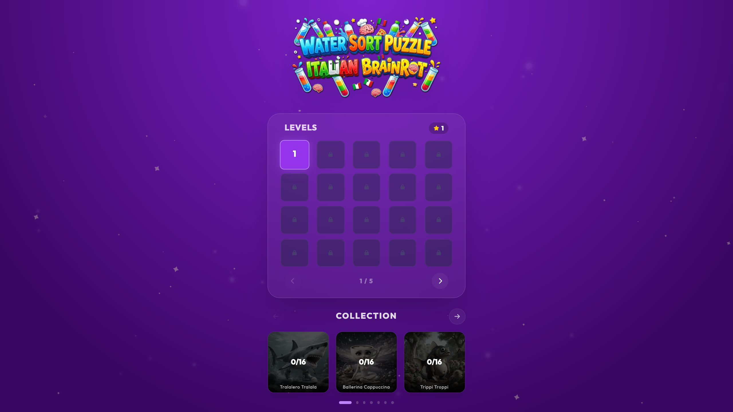 Hands-on capture of Water Sort Puzzle Italian Brainrot: Color Sorting That Pays You in Meme Art (Main menu or character select)